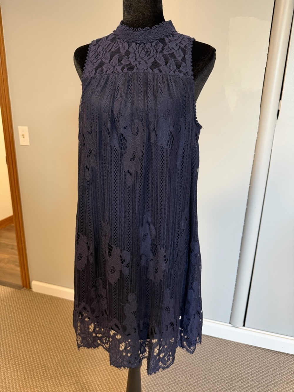 Skylar + Jade Navy Lace Dress Size M Boho High Neck Sleeveless